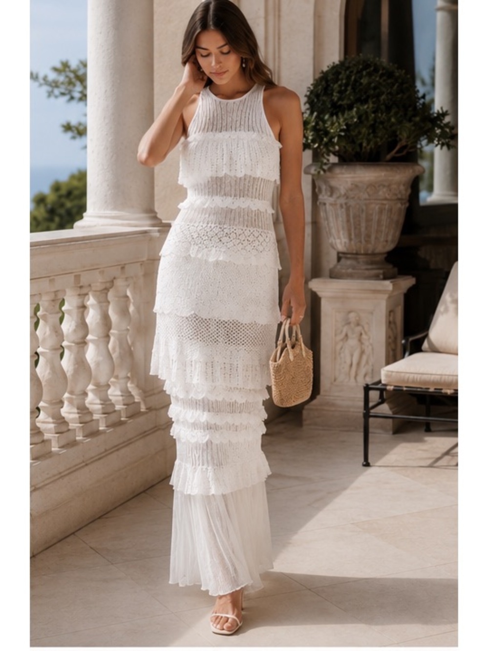 NWT STAUD Sorrento Crochet Knit Tiered Maxi Dress in White Sz L - Picture 3 of 17